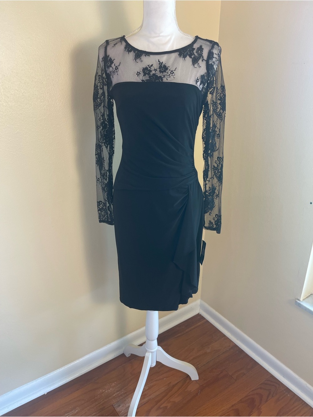 Black Sheer Floral Lace Faux Wrap Dress 8 Ruched Stretchy Cocktail Party Formal - Picture 3 of 16